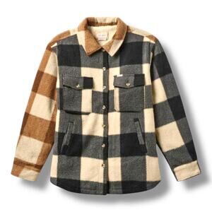 Brixton Durham Biscotti Mixed Check Polar Fleece Shirt Jacket Plaid Oversized